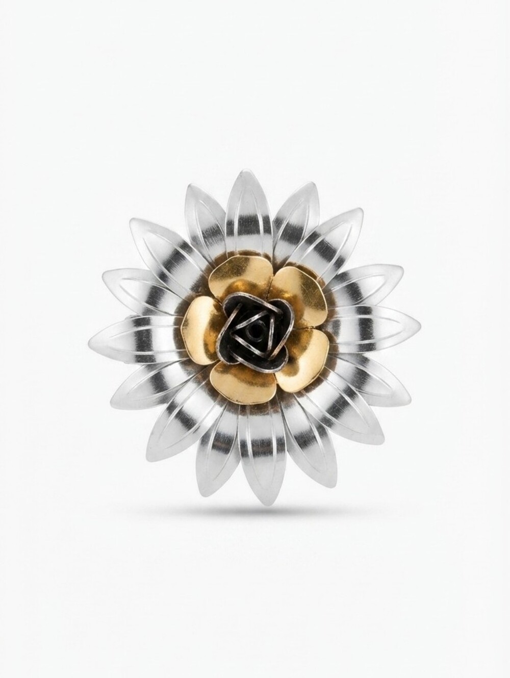 Vintage Two-Tone Flower Brooch Pin, 1960s Layered Silver & Gold Tone Sunflower R